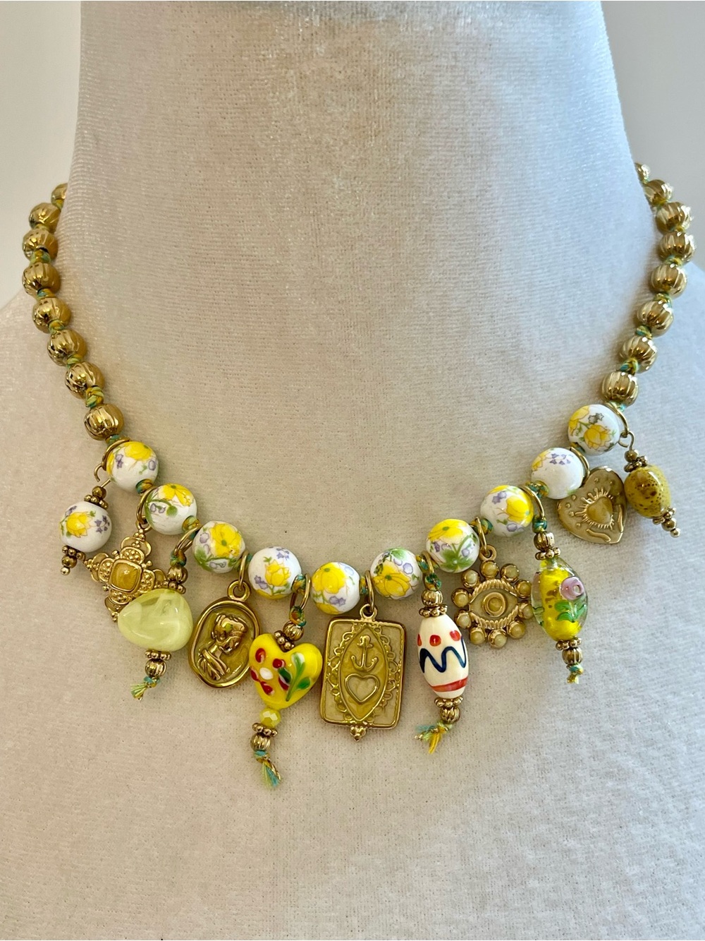 Yellow Floral Ceramic Stainless Steel Statement Necklace